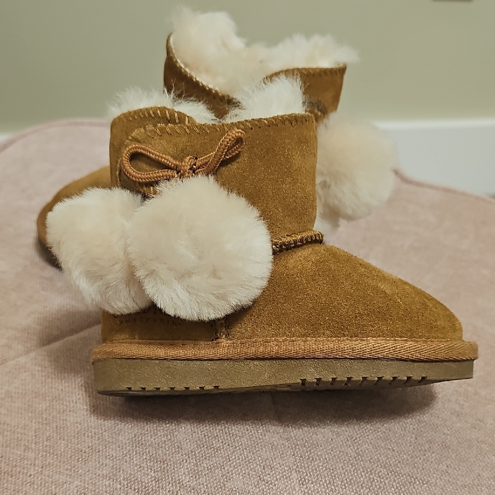 Cozy Tan Kids Boots with Pom Poms